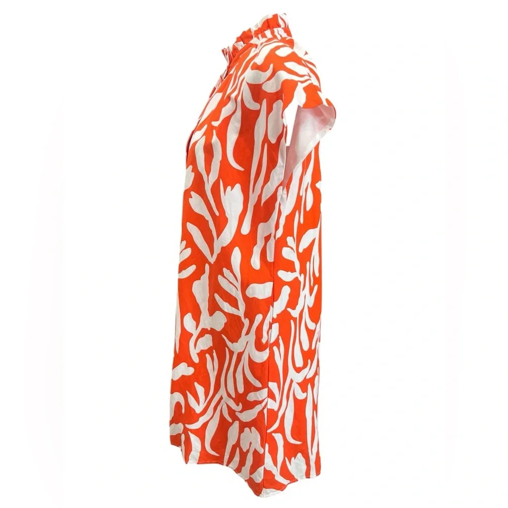 THML Orange White Botanical Print Ruffle Neck Mini Dress Linen Blend M - Picture 6 of 10